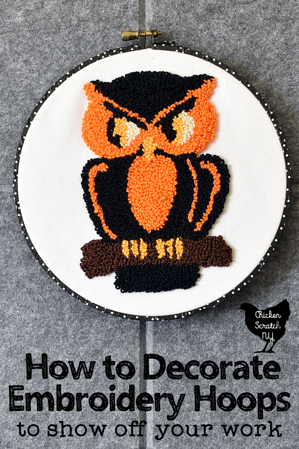 vintage Halloween Owl punched in DMC pearl cotton with black and white polka dot washi tape with text overlay How to decorate Embroidery Hoops to show off your work