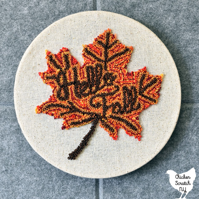 autumn maple leaf puinch needle emboidery hung up without the outer hoop